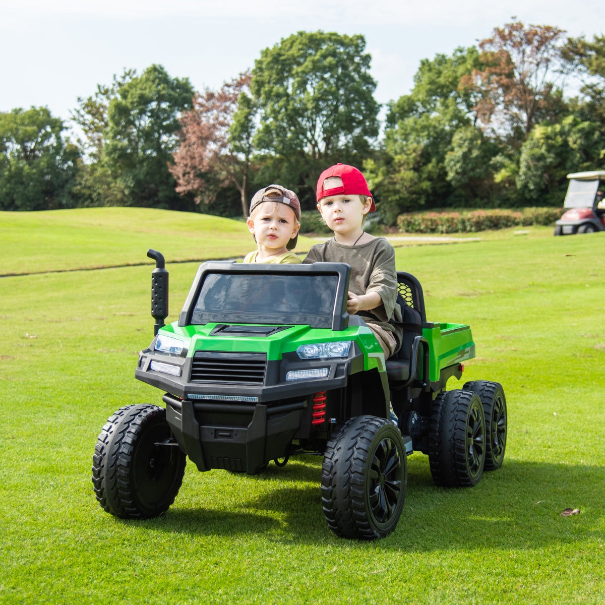24V 6 Wheeler Freddo Tractor Trailer 2 Seater Ride-on with Dump Cart and Parental Remote - Green