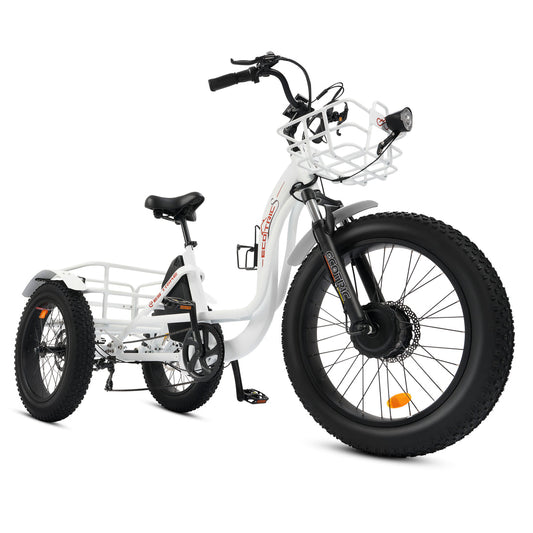 Ecotric 48V 24"x4.0 Front 20"x4.0 Rear Tires Tricycle electric bike with Front Basket + Rear Rack White